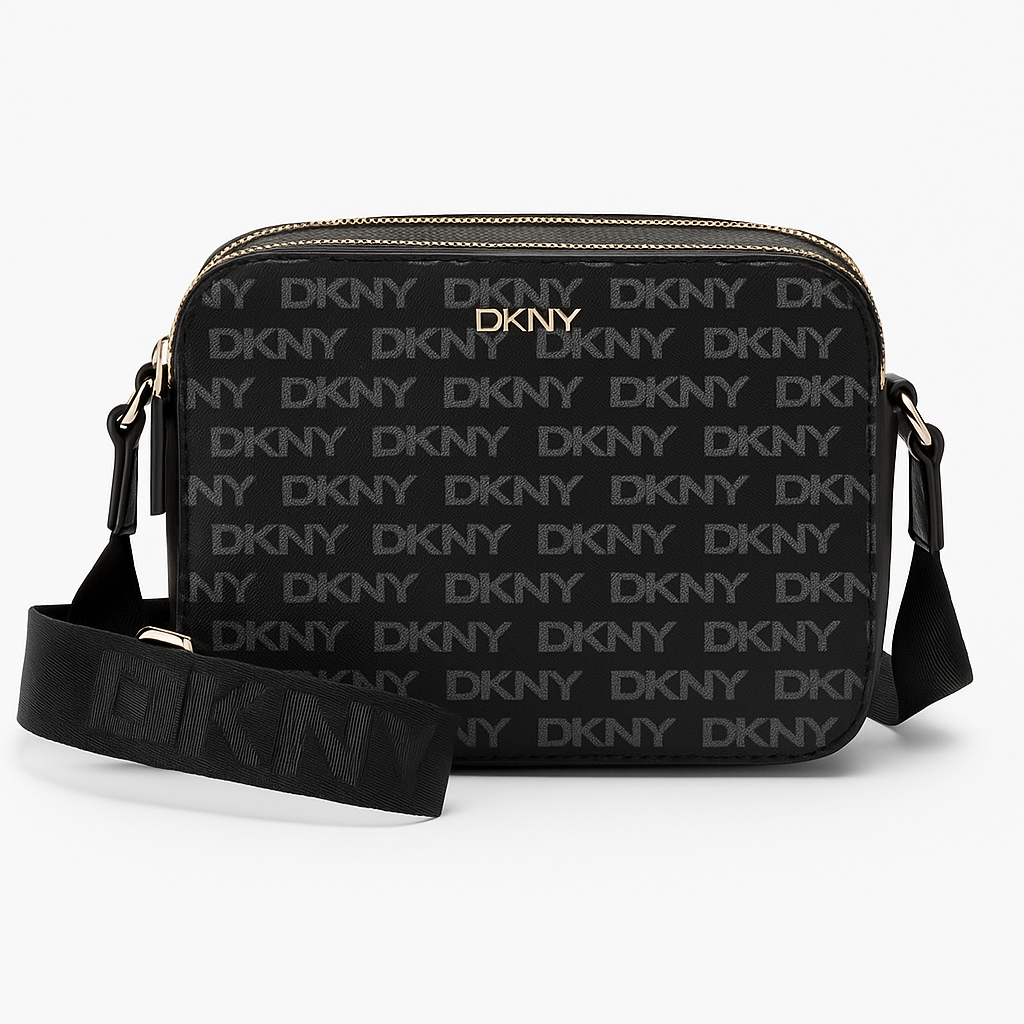 Crossbody DKNY negra con monogram blanco doble cierre