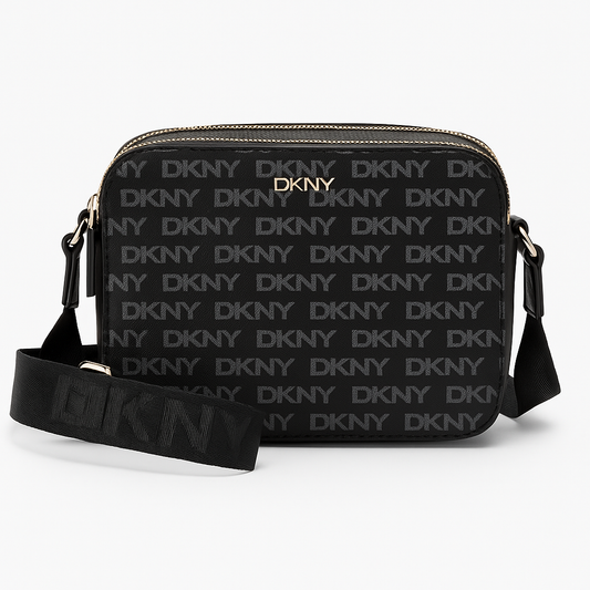 Crossbody DKNY negra con monogram blanco doble cierre