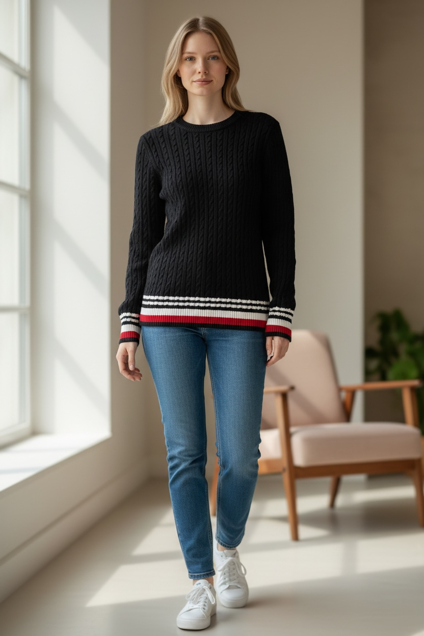 Suéter Tommy H negro con líneas blancas y rojas
