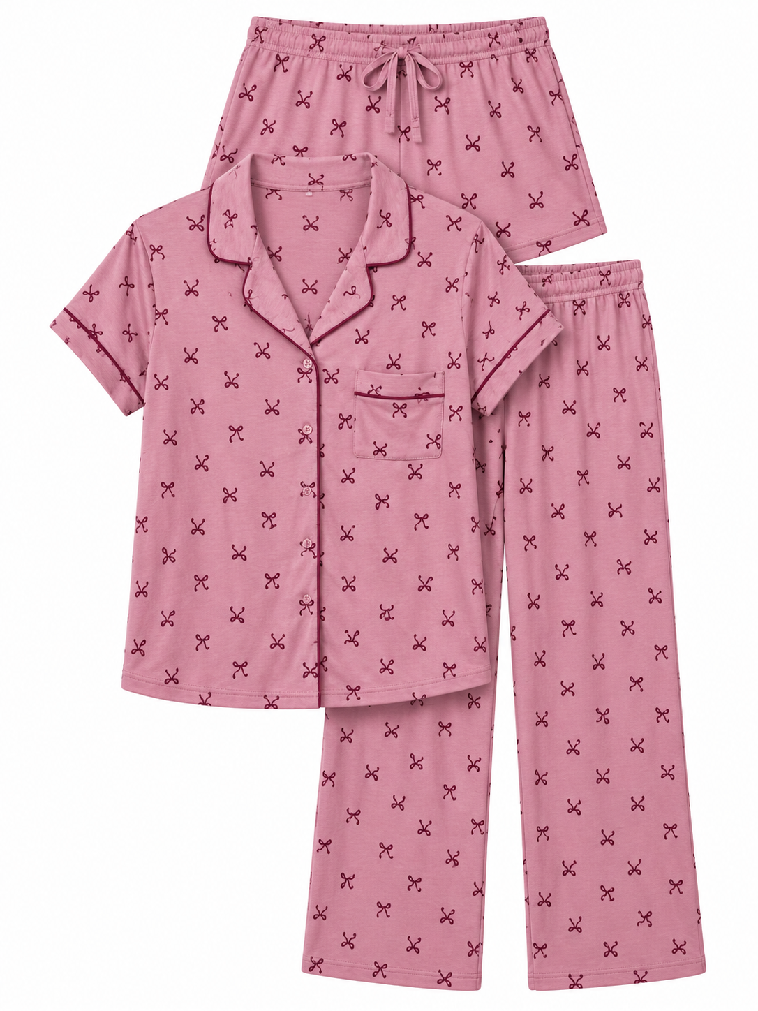 Pijama Laura Ashley rosa moños súper suave 3 piezas M