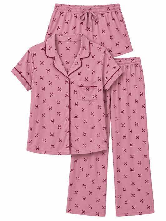 Pijama Laura Ashley rosa moños súper suave 3 piezas M