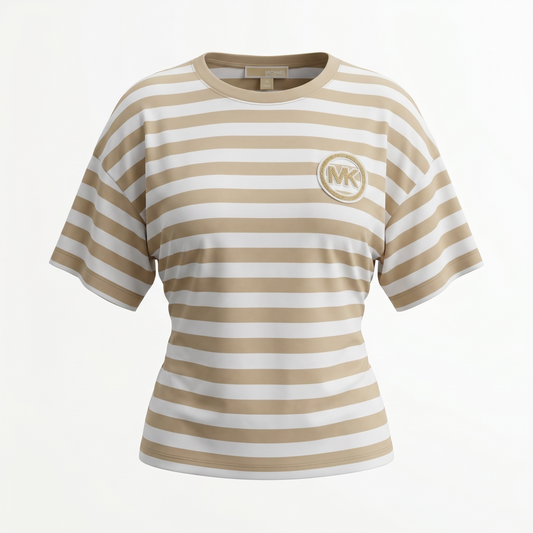 Playera Michael k beige/ blanco rayas logo afelpado