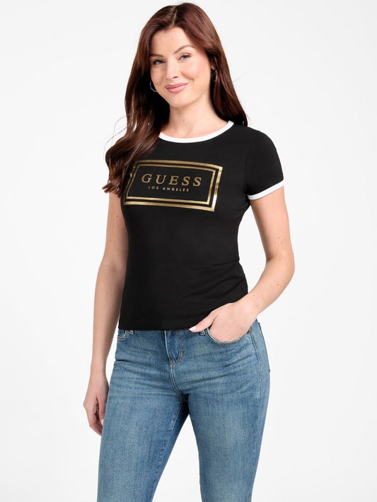 Playera Guess negra con letras doradas y cuello blanco