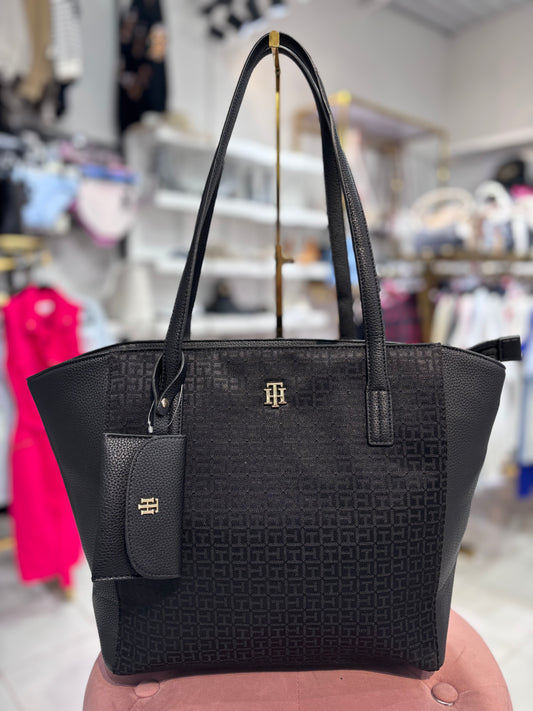 Tote Tommy H negra con monogram y monedero