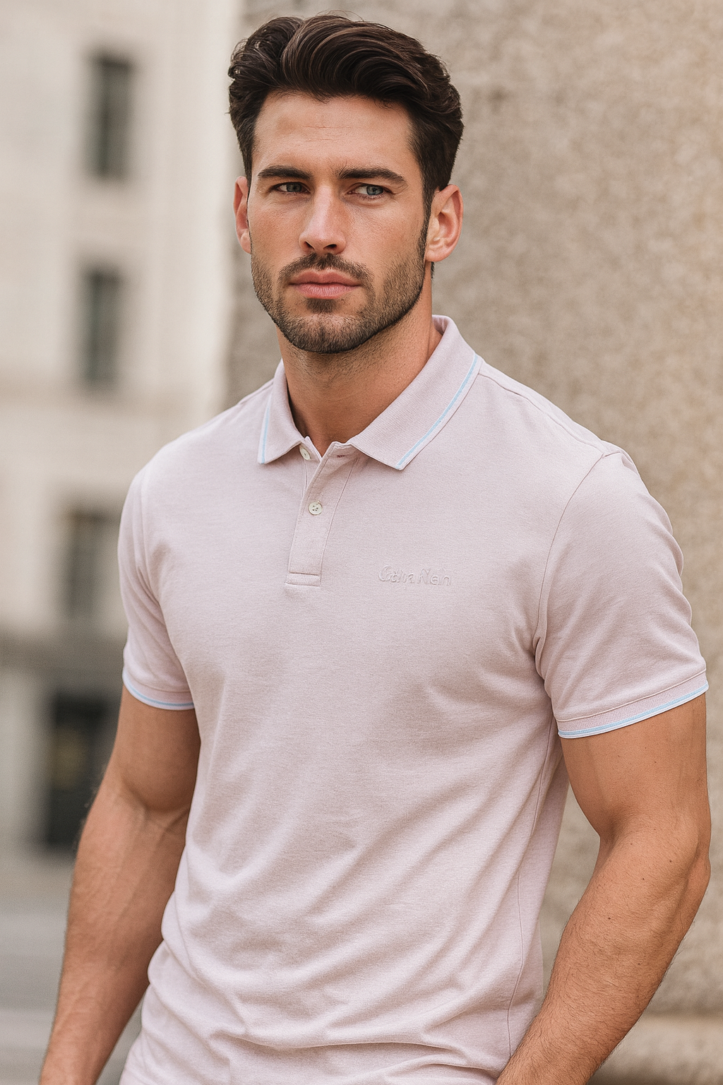 Polo Calvin K rosa claro con letras blancas bordadas para caballero