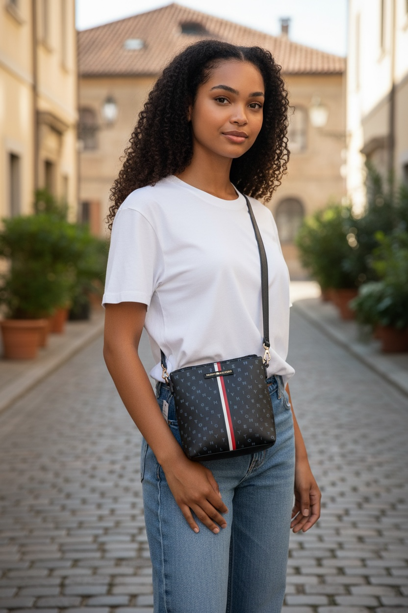 Crossbody Tommy H azul con monogram de letras