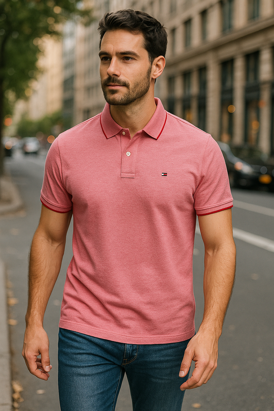 Playera Tommy H tipo polo roja raya de gis, cuello/mangas líneas blancas para caballero