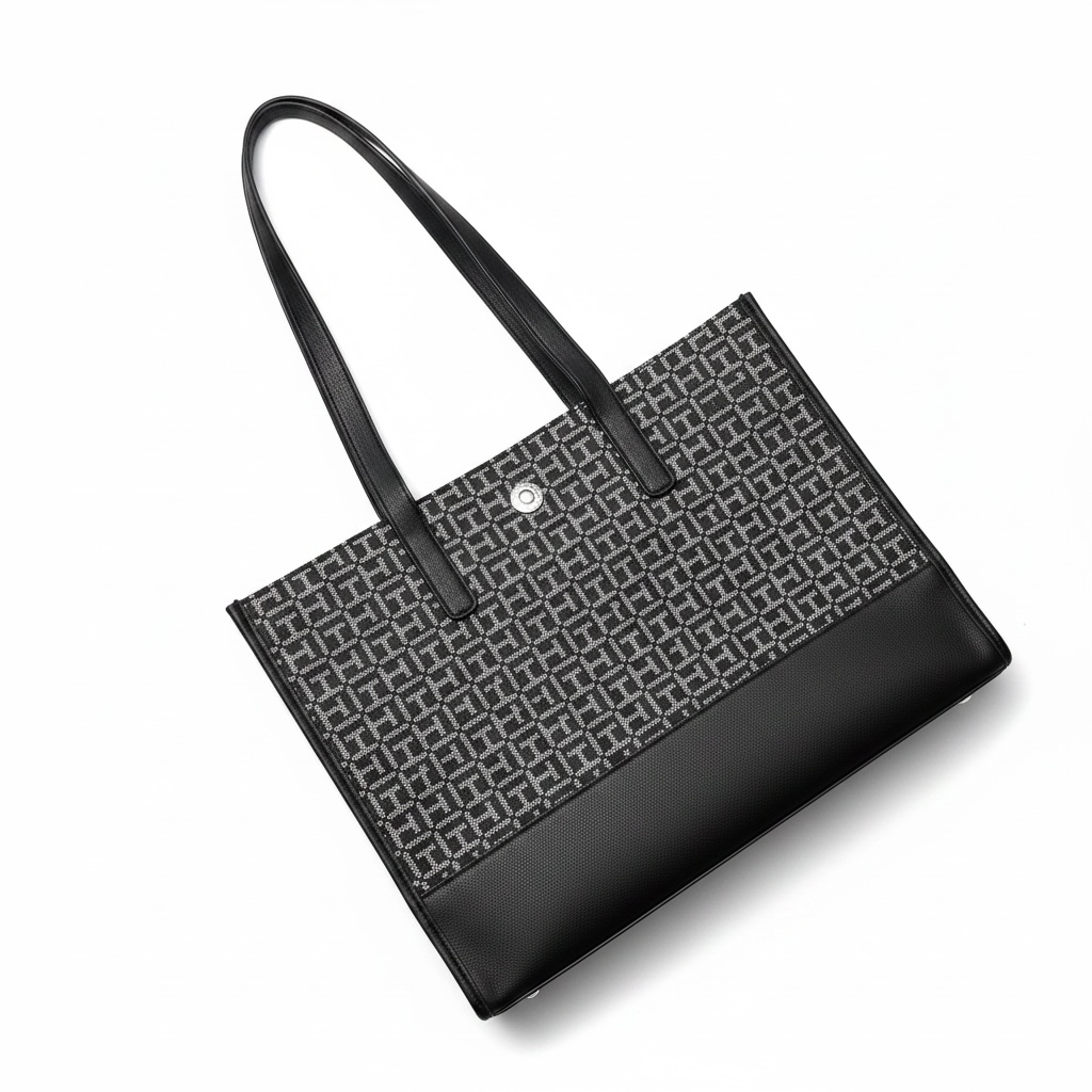Tote Tommy H grande negra logo plata con monogram tela y tipo piel