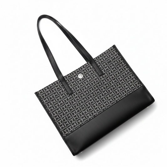 Tote Tommy H grande negra logo plata con monogram tela y tipo piel