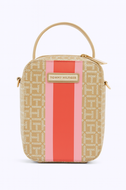 Crossbody Tommy H beige con detalles en naranja y lila con placa dorada