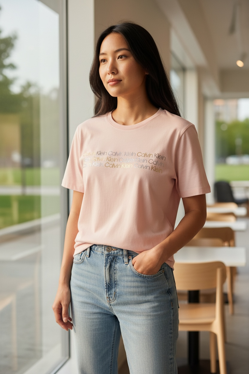 Playera Calvin k palo de rosa con letras plateadas y doradas