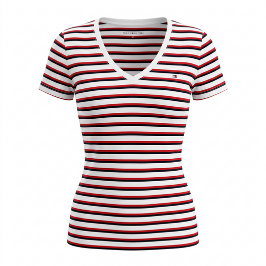 Playera Tommy H blanca con rayas rojas y negras