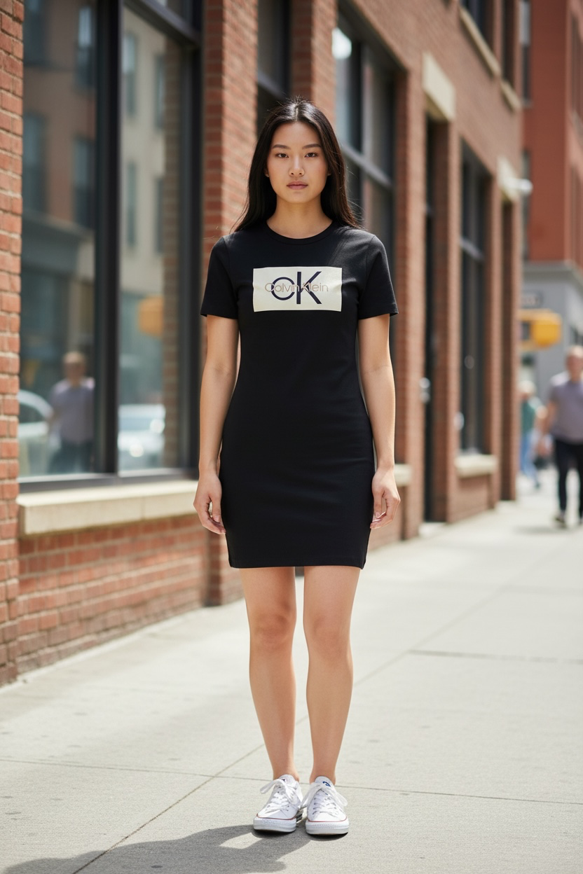 Vestido Calvin k negro con letras negras y doradas