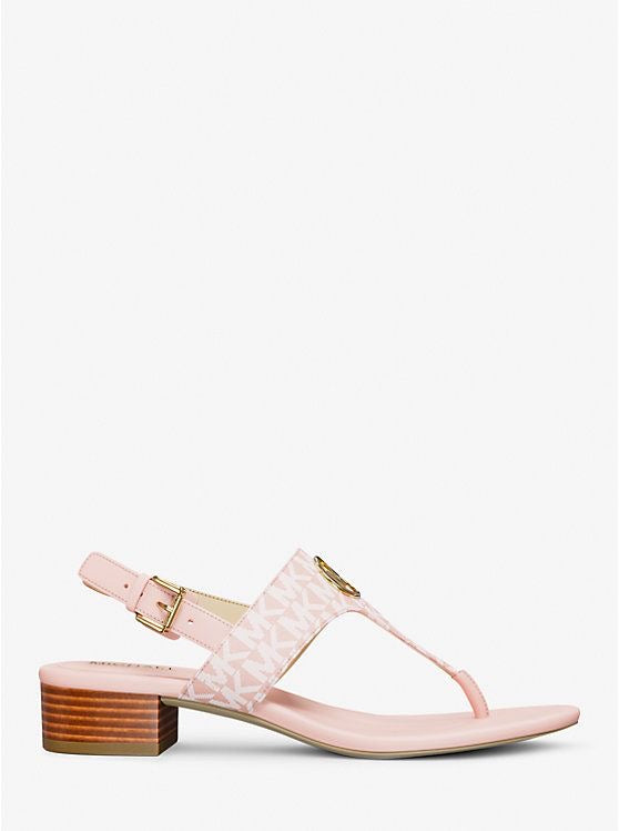 Sandalias Michael k rosa con monogram blanco, placa y hebilla