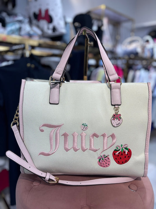 Tote Juicy C crema con rosa y dije de fresa