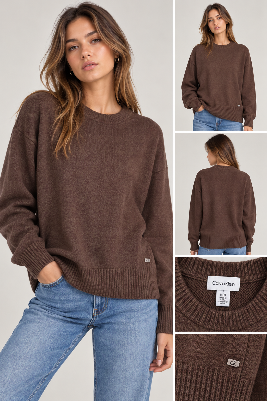 Suéter Calvin Klein café chocolate cuello redondo