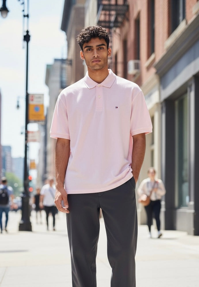 Playera Tommy H tipo polo rosa para caballero