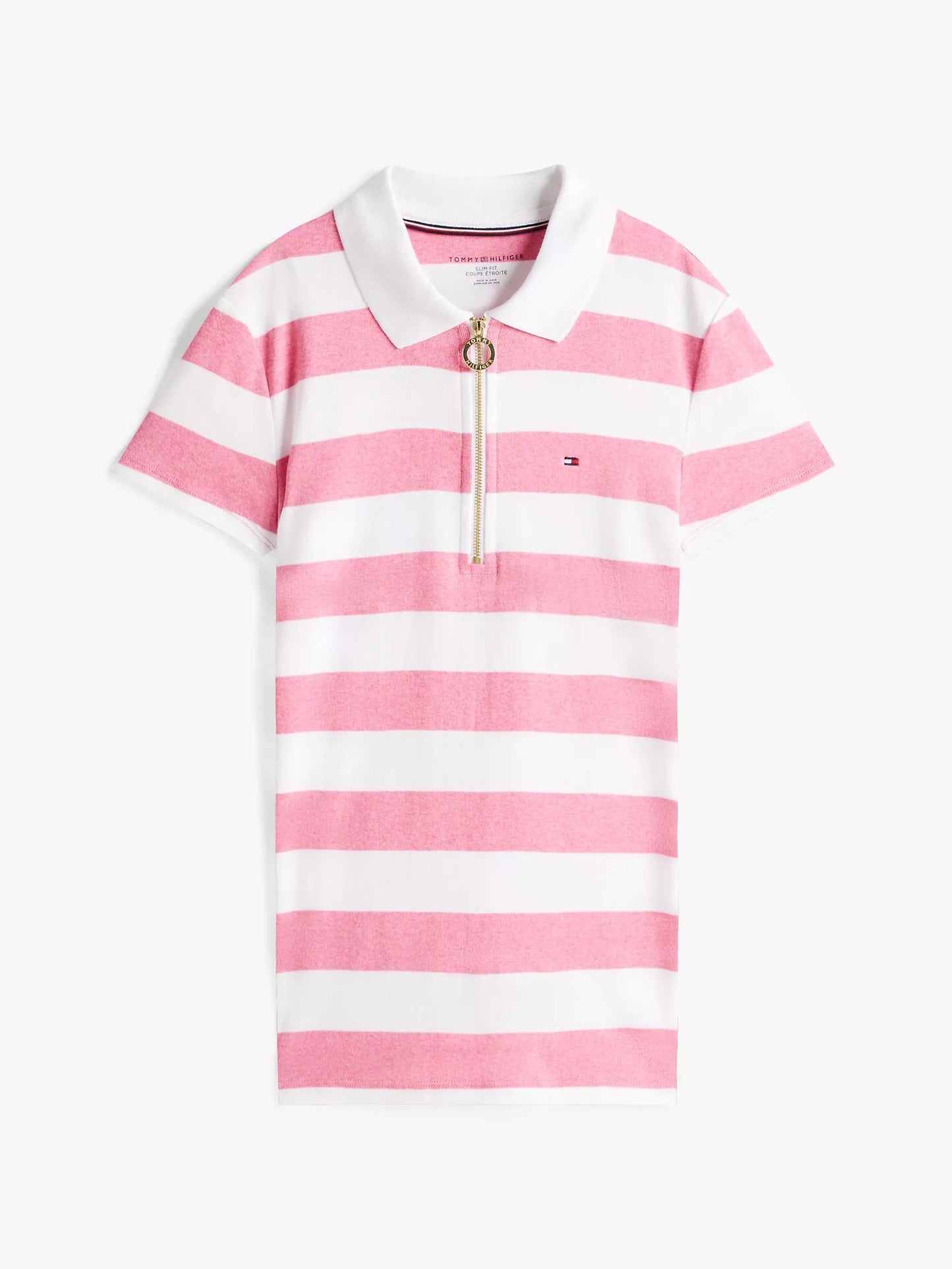 Playera Tommy H blanca/rosa tipo polo líneas, cierre y dije dorado