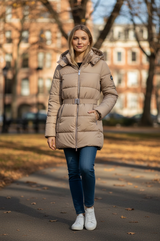 Chamarra Michael K camel con herrajes dorados