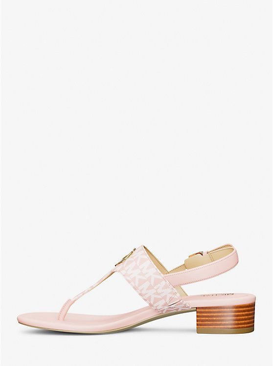 Sandalias Michael k rosa con monogram blanco, placa y hebilla