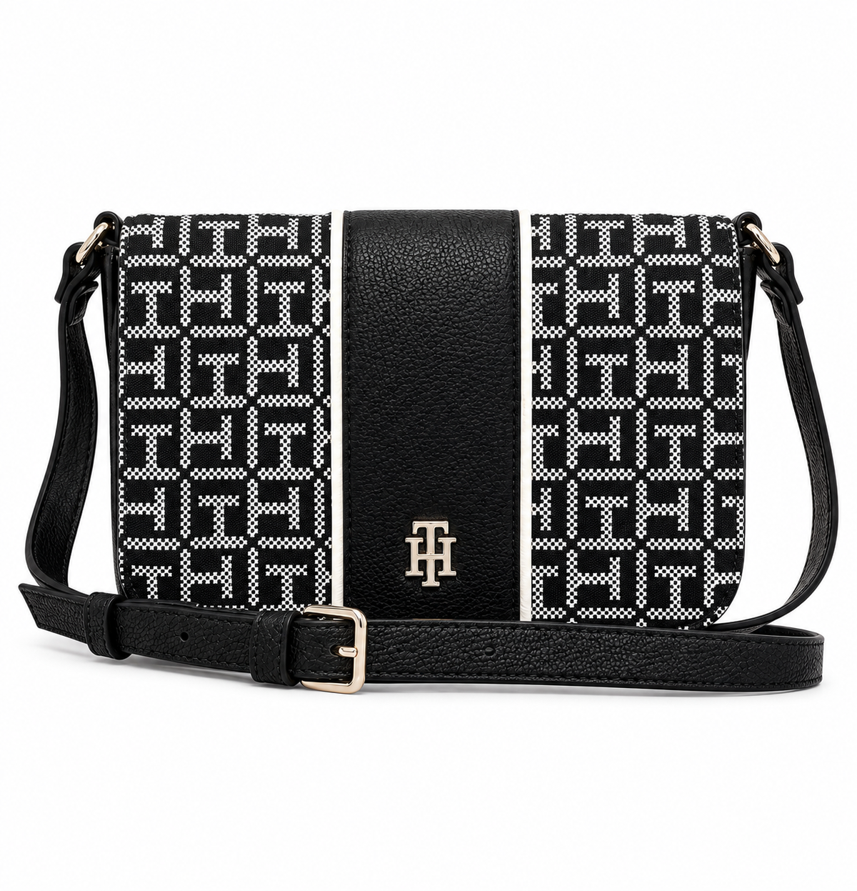 Crossbody Tommy H negra con monogram blanco