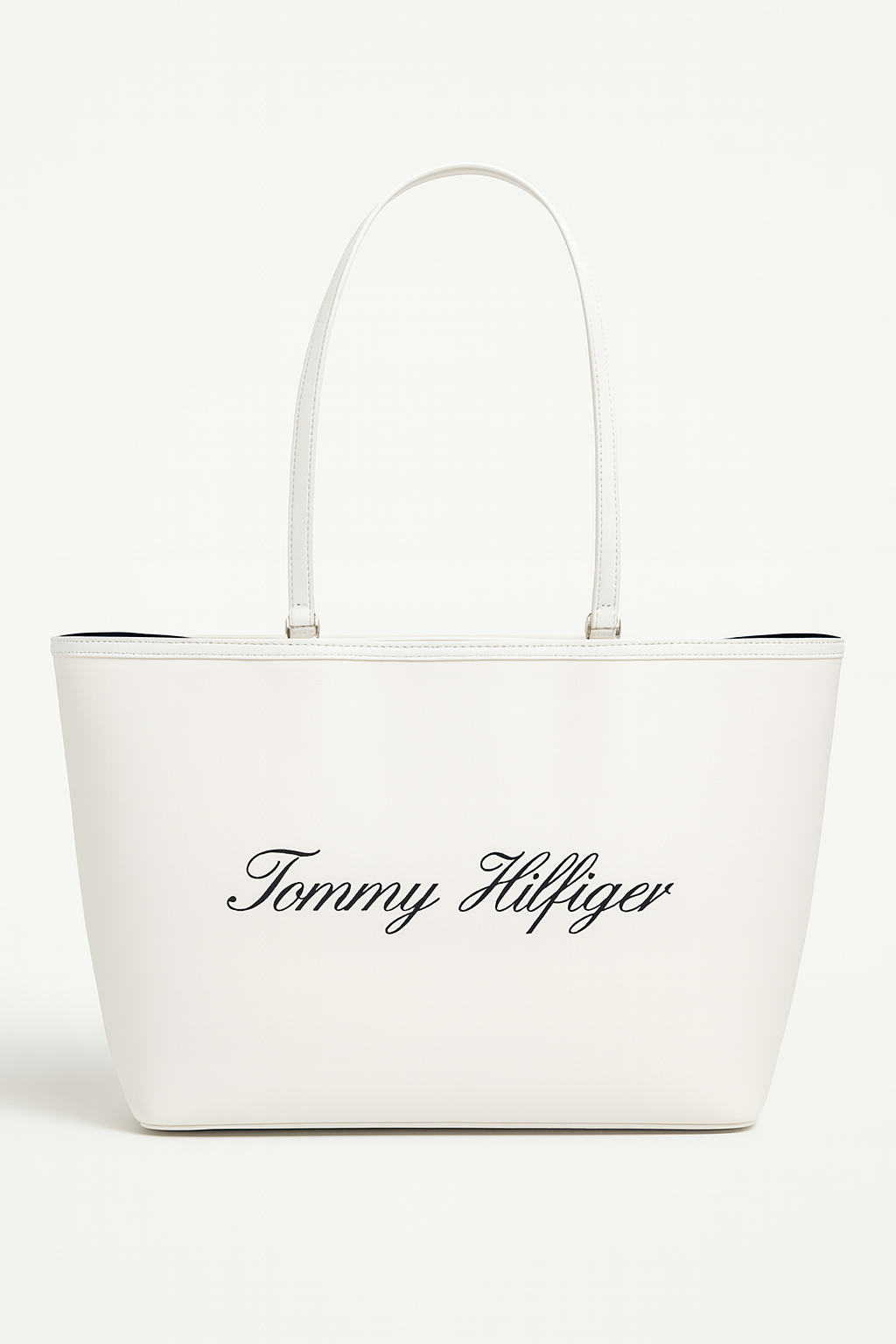 Tote Tommy H blanca logo en letras cursivas