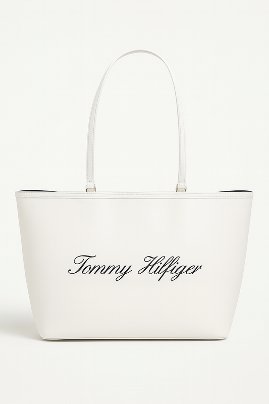 Tote Tommy H blanca logo en letras cursivas