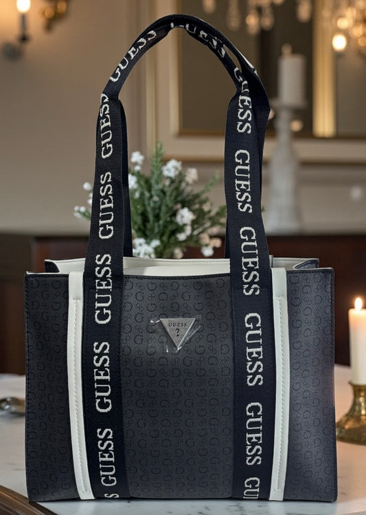 Tote Guess negra con monogram strap bicolor