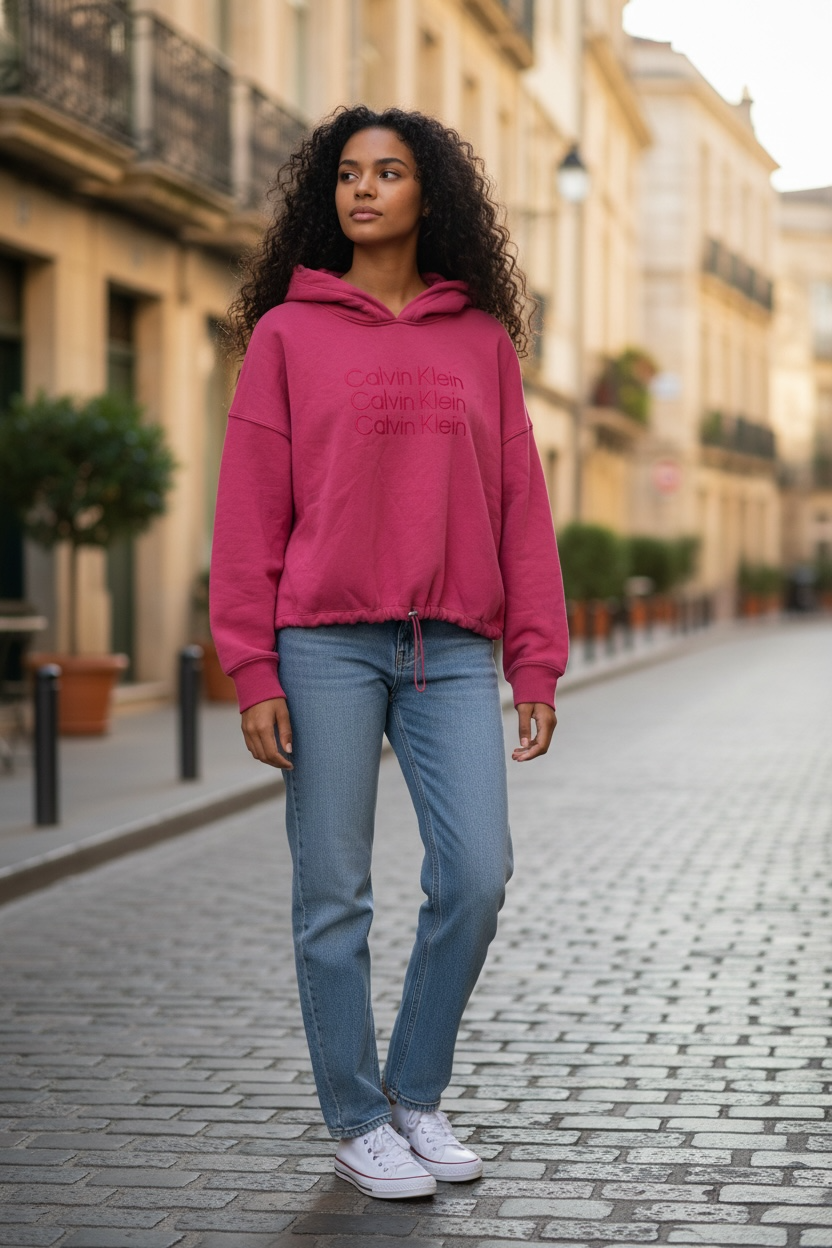 Sudadera Calvin k guinda con letras de terciopelo