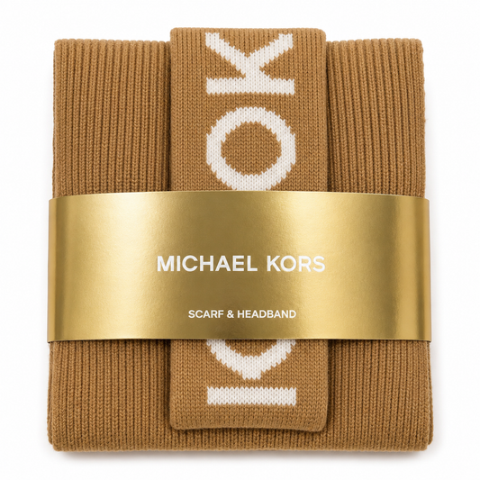 Set Diadema y Bufanda Michael k camel con  letras blancas