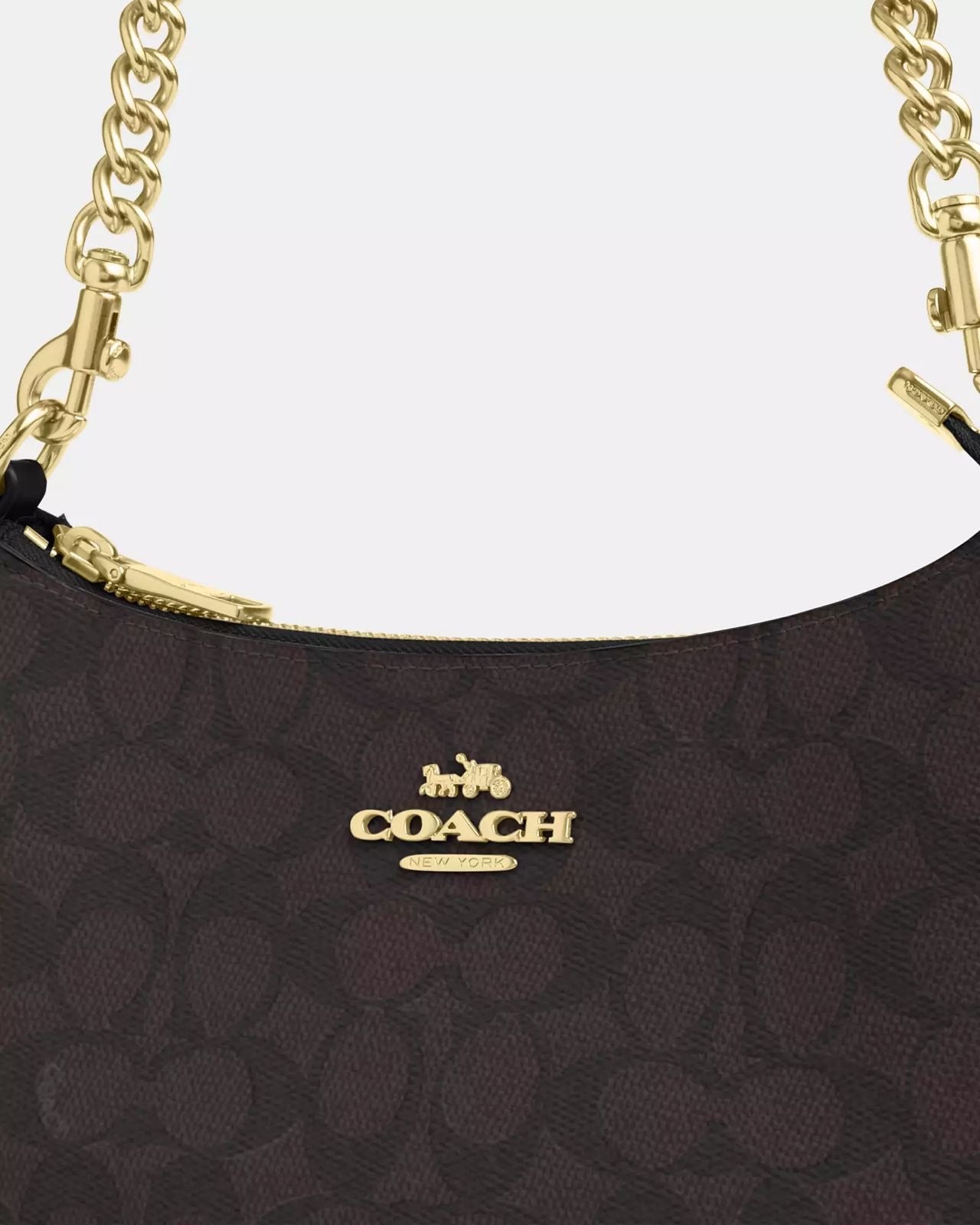 Crossbody/Hobo  Coach Shoulder chocolate con canvas negras, doble strap y placa dorada