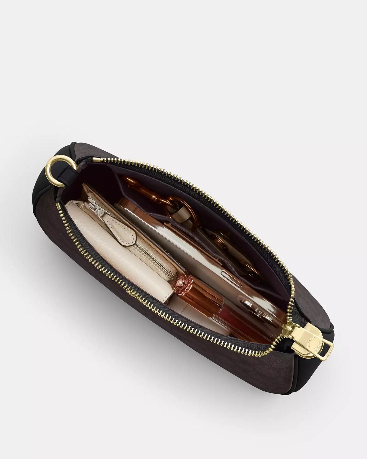 Crossbody/Hobo  Coach Shoulder chocolate con canvas negras, doble strap y placa dorada