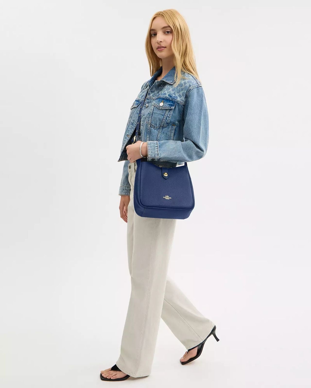 Crossbody Coach Hadley azul marino convertible doble strap, placa dorada