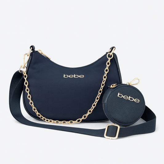Crossbody/Hobo Bebe negra con monedero, logo plateado, cadena y cierre dorado