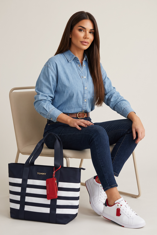 Tote Tommy H tela azul rayas blancas y rojo monedero