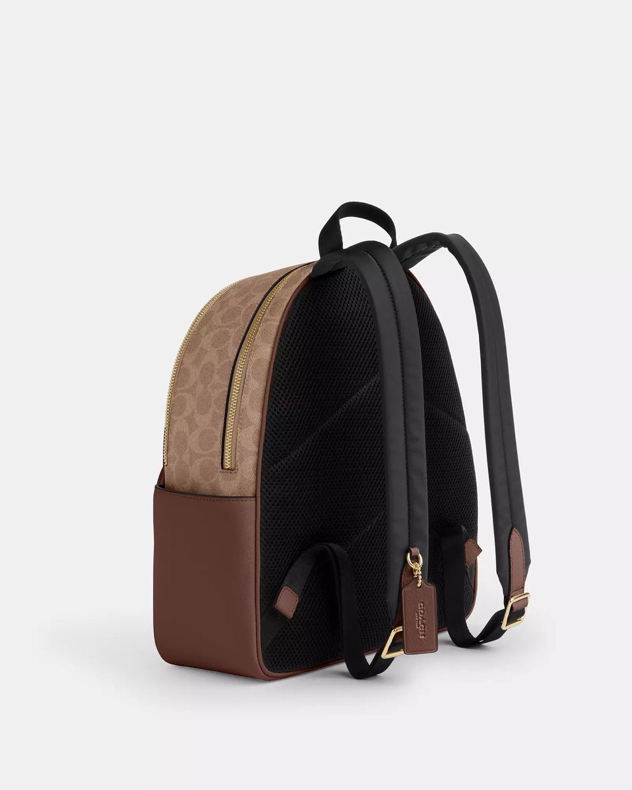 Backpack Coach camel/cafe con canvas y placa dorada