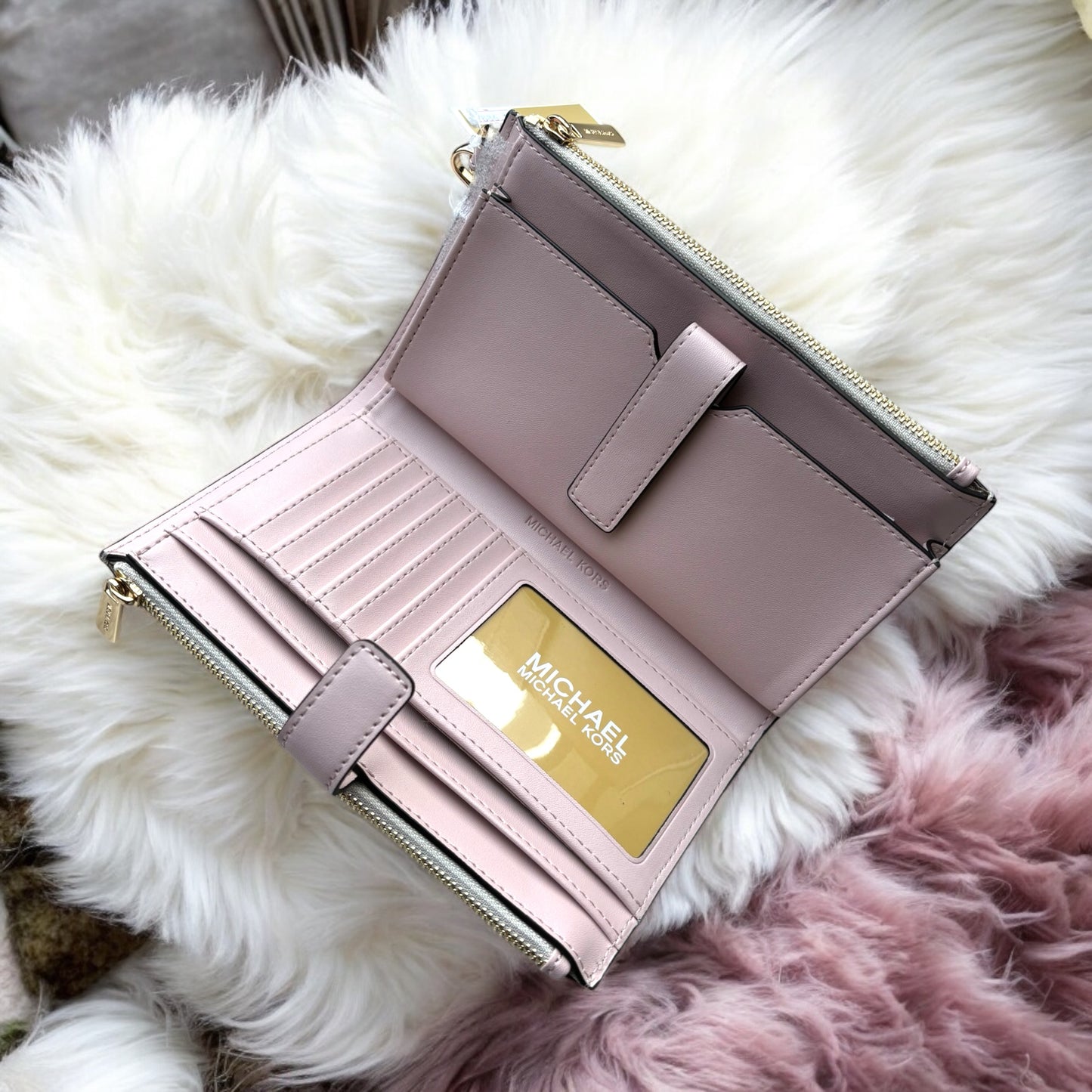 Cartera Michael k vanilla/rosa doble cierre
