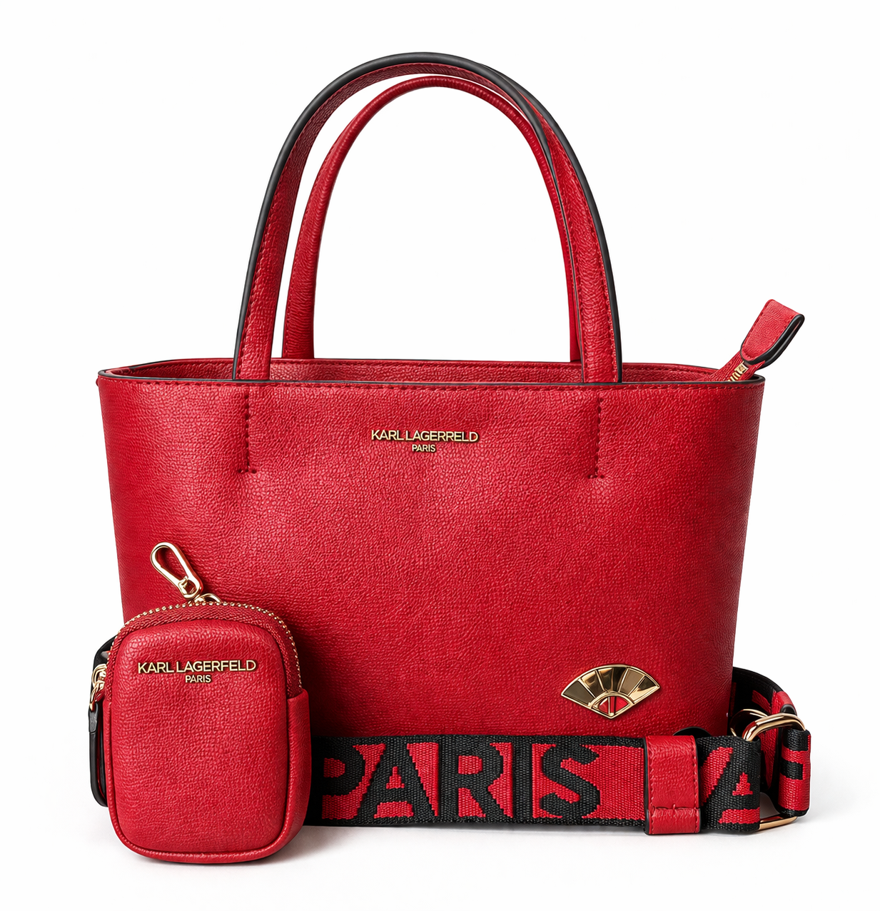 Tote Karl L roja chica con herrajes dorados y strap