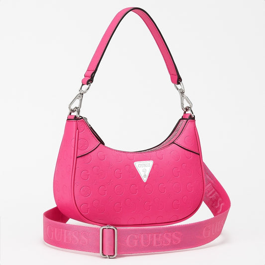 Crossbody/Hobo Guess rosa con monogram grabado, 2 strap y placa plateada
