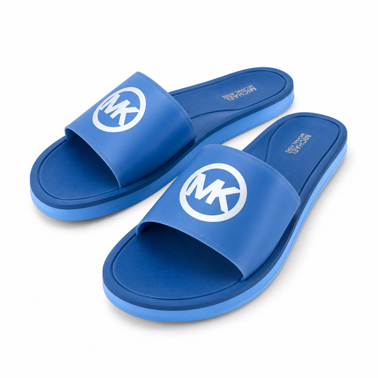 Sandalias Michael K azul con letras blancas