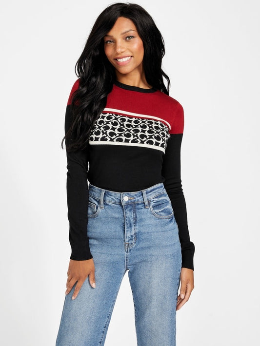 Suéter Guess negro/rojo y monogram blanco