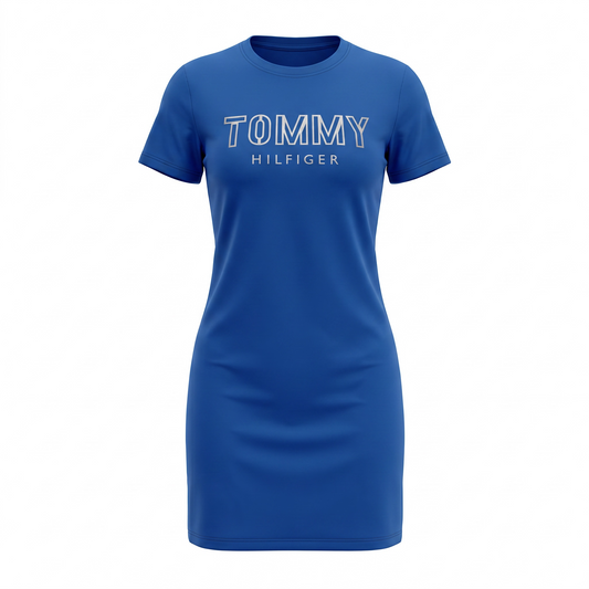 Vestido Tommy H azul con letras doradas