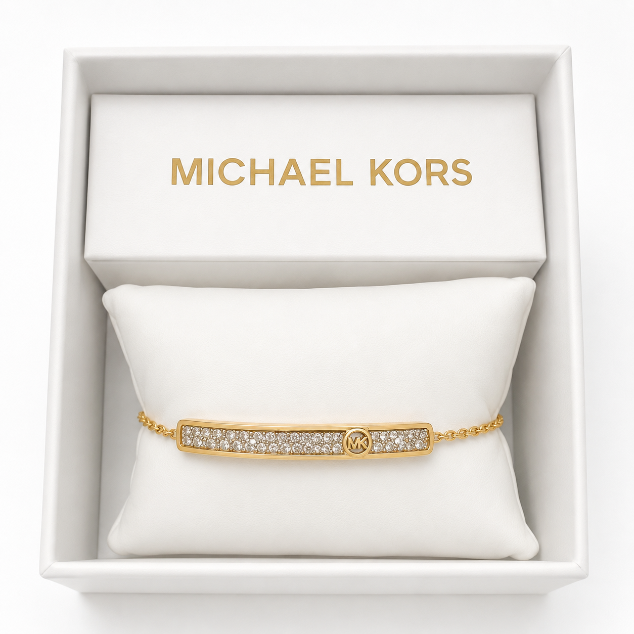 Pulsera Michael K dorada con cristales y Mk al costado broche ajustable