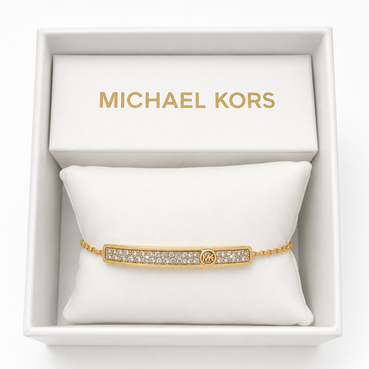 Pulsera Michael K dorada con cristales y Mk al costado broche ajustable
