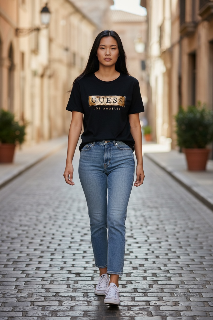 Playera Guess negra con lentejuelas doradas