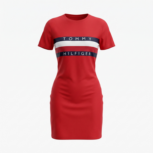 Vestido Tommy H rojo con bandera y letras blancas