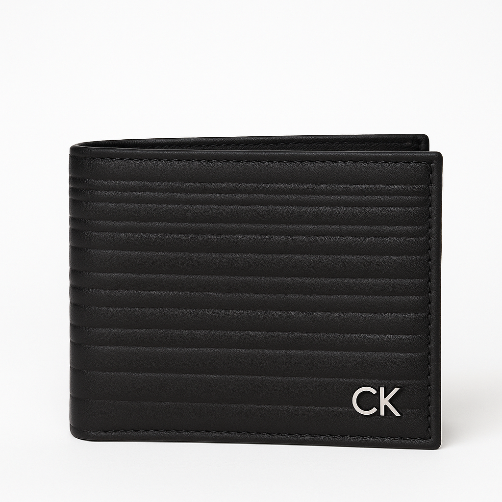Cartera Calvin k negra,capitonada en líneas placa plateada para caballero