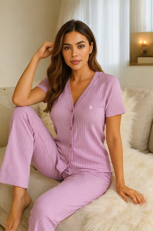Pijama Tommy H rosa claro con logo bordado