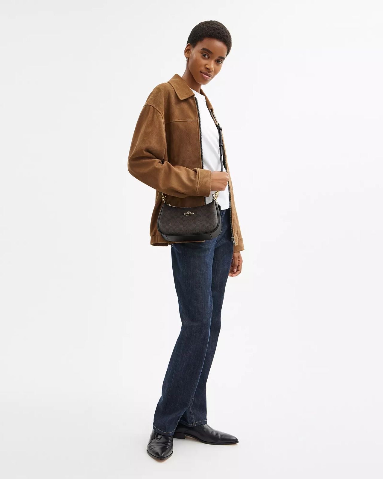 Crossbody/Hobo  Coach Shoulder chocolate con canvas negras, doble strap y placa dorada