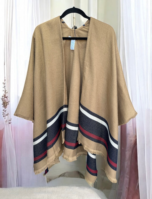Poncho Tommy H camel con línea roja, azul y beige